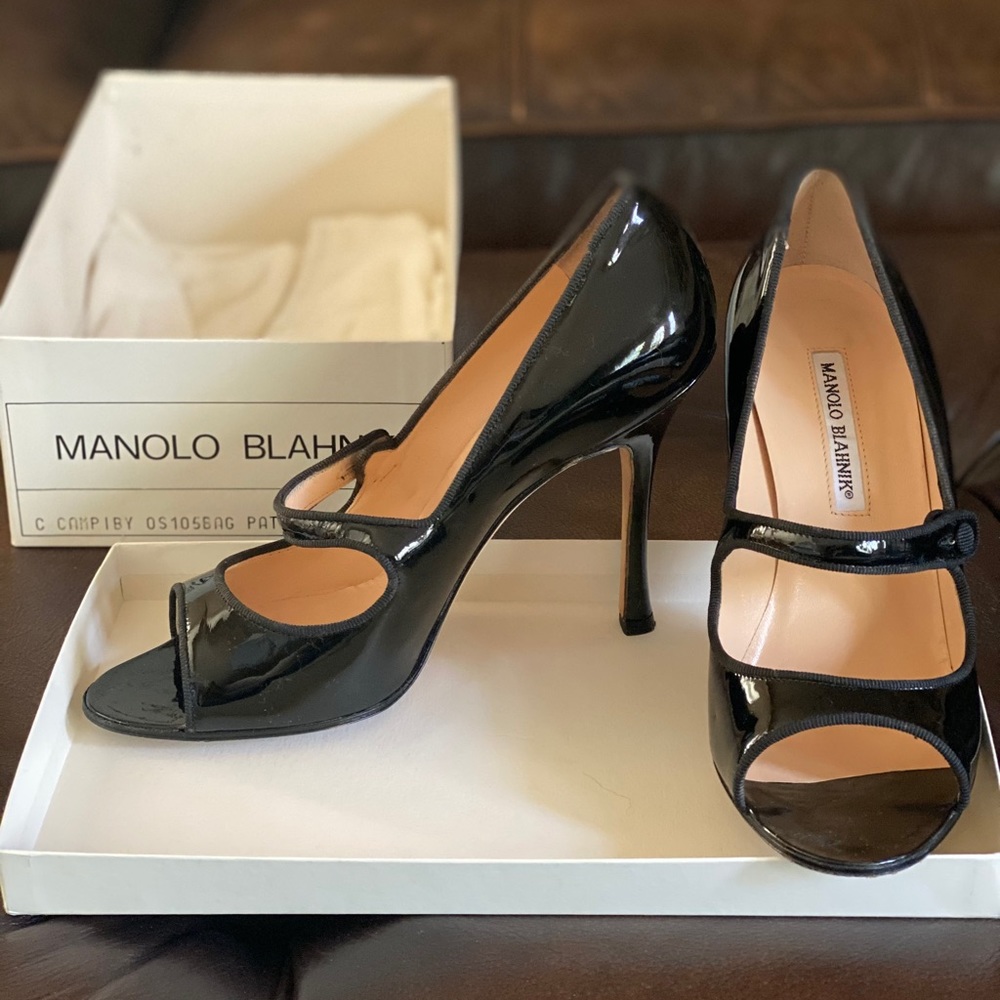 Manolo Blahnik Black patent peep-toe MaryJane